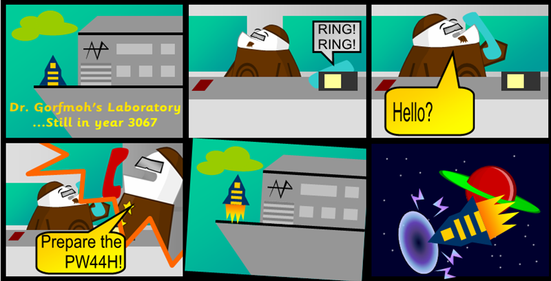 Authors Comments: I'm not too proud of this comic. It's just a transitionary comic that leads to the real plot of this chapter. We do get to see Dr. Gorfmoh though, a normal, intelligable Homsar. We'll see more of him later. Also, if you're wondering why everything seems to be poorly created and 2-D (the ship, the buildings, etc) that is just how I'd like to interperate the difference between future and present. We'll also see more of that later.