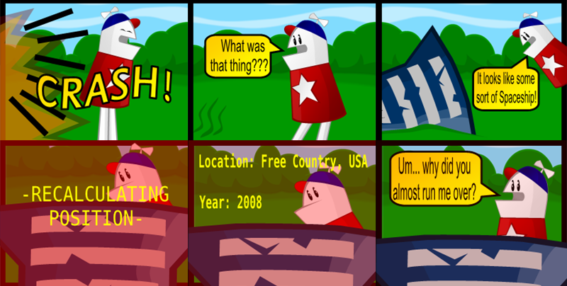 Authors Comments: I'm kind of happy with how this one turned out. In case you couldn't tell, the last three panels are from the view of the PW44H. He is rebooting after the crash, which doesn't neccesarily mean he'll be functioning properly. Let's watch!