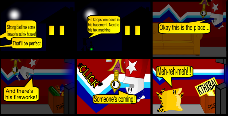 Authors Comments: This comic got a little difficult as I had to create the arcade machine (which is actually completely blank), the box of fireworks (and fireworks) and the couch. Actually, with the couch I made it in PowerPoint first, didn't like how it turned out, and resorted to using an actual picture from the KB. It's actually the only thing in the comic so far that isn't PowerPoint (except for the field backround). I kinda like my surprised The Cheat though...
